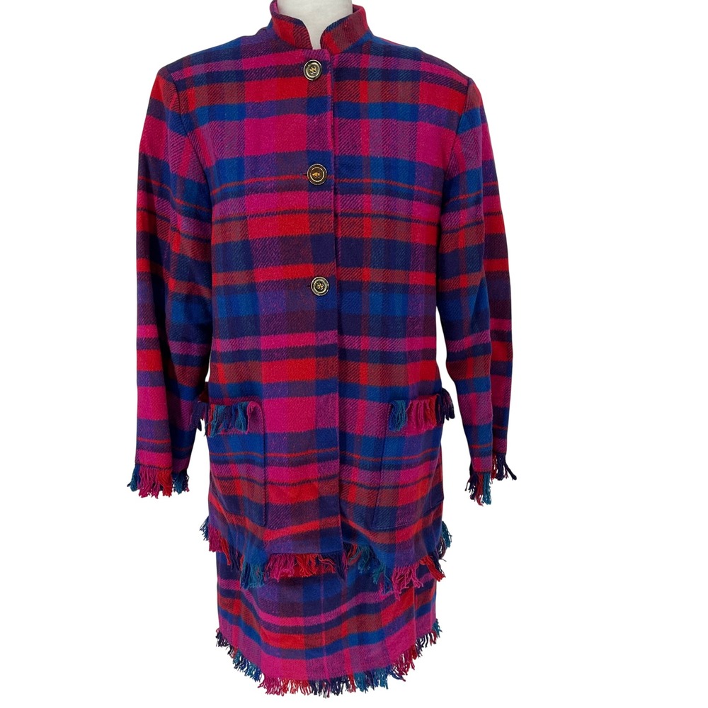 Vintage‎ Plaid Wool Blend Jacket Skirt Set Fringe Size 10 SUCHADA Indie Boho
